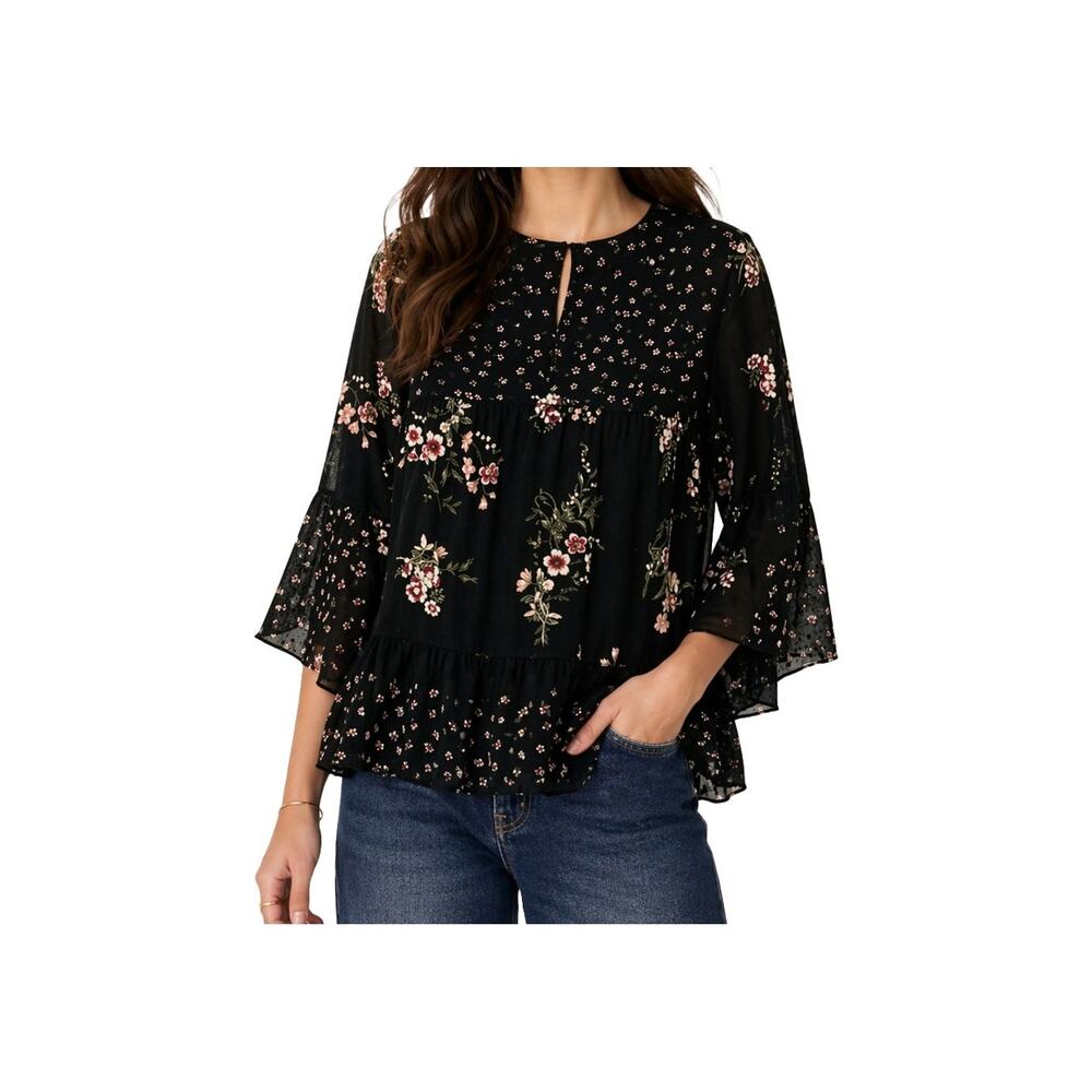 Anthro Maeve Steffy Bell Sleeves Floral Black Top S Boho Romantic Cottagecore